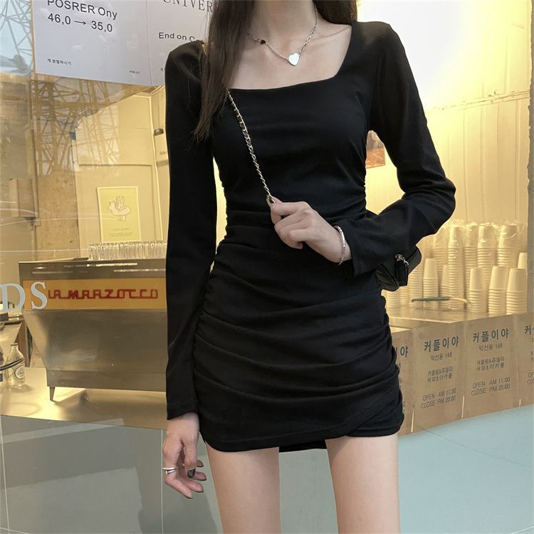 Đầm Ngắn Cổ Vuông Tay Dài Dáng Ôm Màu Đen Phong Cách Pháp Thời Trang Mùa Thu 2022