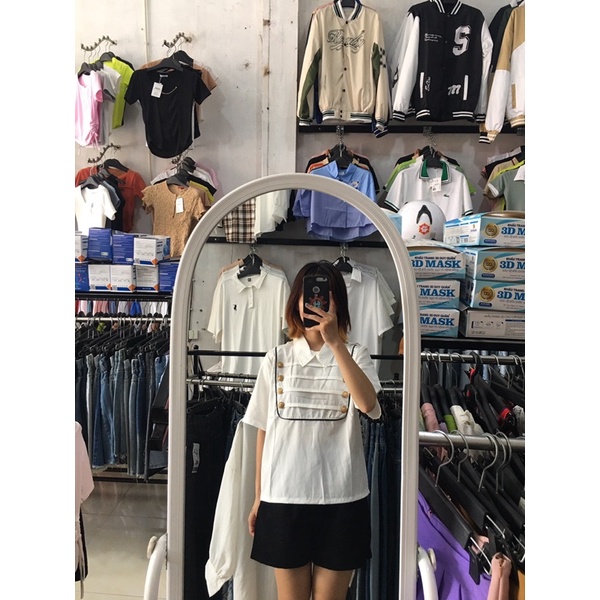 Áo sơ mi nữ tay ngắn- áo kiểu thủy thủ phối cúc