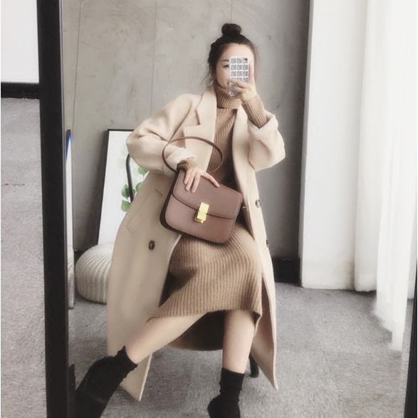 Váy len nữ dáng dài suông Đầm len gân cổ lọ basic phom rộng hàng Quảng Châu cao cấp Style Hàn Quốc