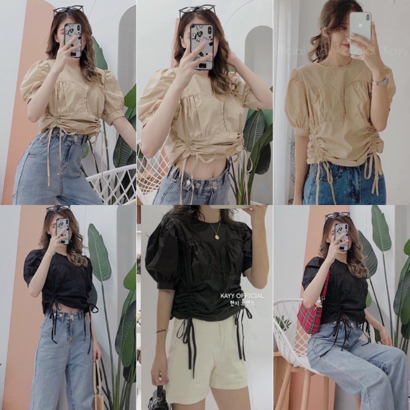 Áo Kiểu MORA CROPTOP style đơn giản nhẹ nhàng thiết kế crop chun rút dây 2 bên tôn vòng eo