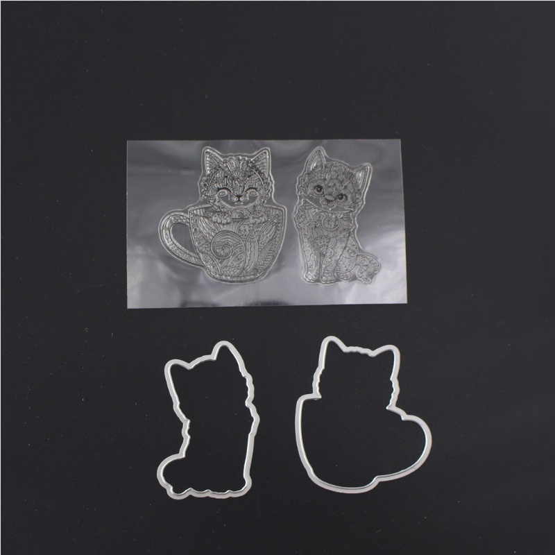 Aoto Khuôn Silicone Trong Suốt + Khuôn Cắt Kim Loại Hình Mèo Trang Trí Scrapbook
