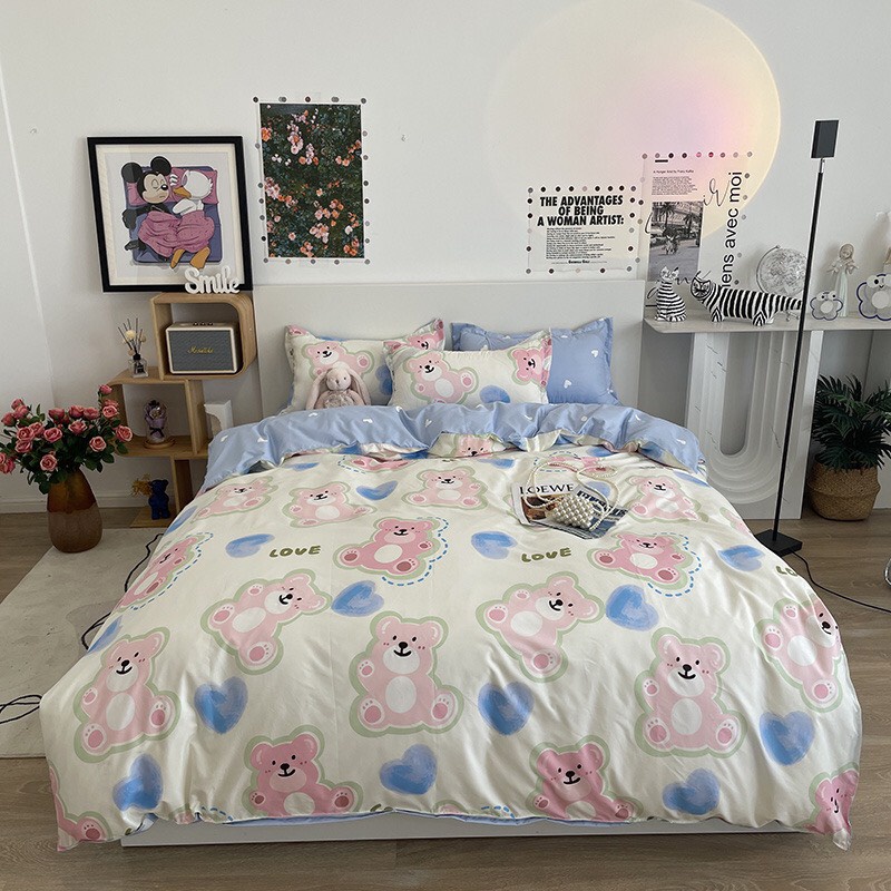 Bộ Chăn Ga Gối, Set Ga Gối Nệm Drap Họa Tiết Trái tim kích thước 1m2, 1m4, 1m6, 1m8, 2m2 Hoàng Anh