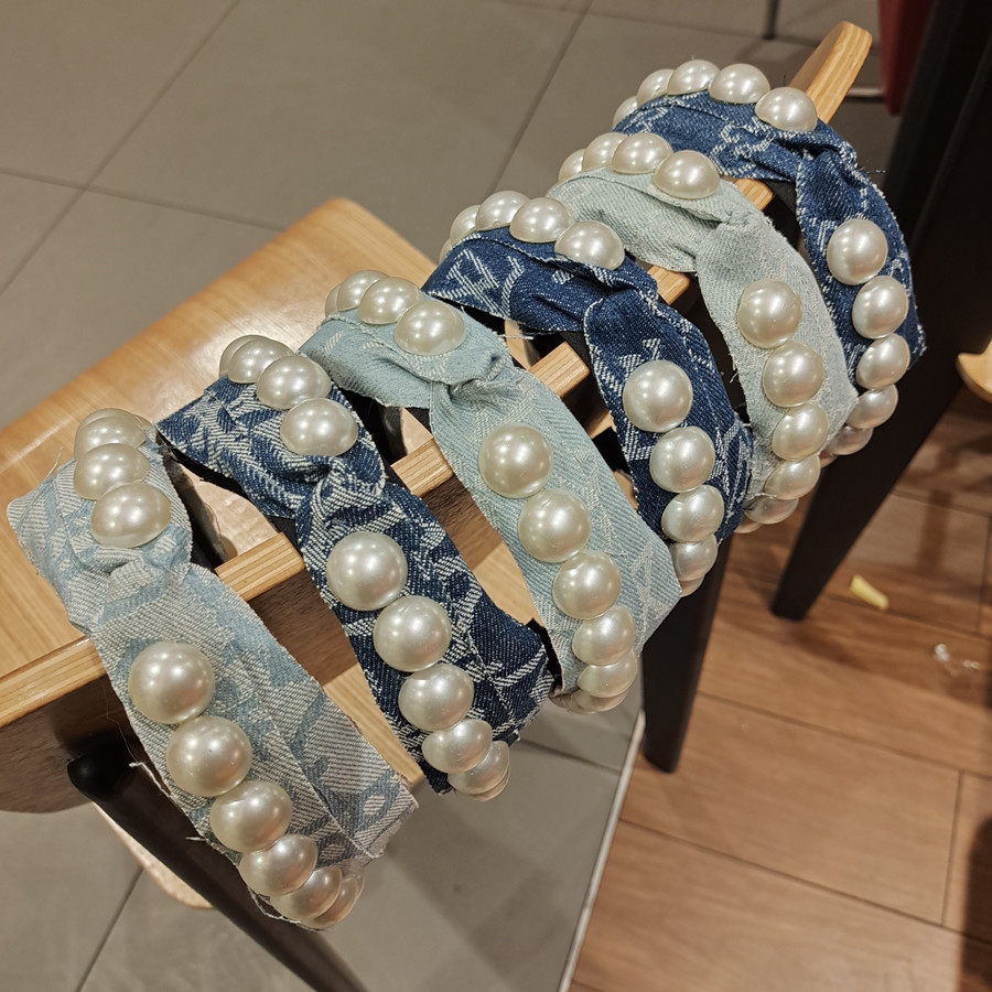 Băng Đô Vải Denim Đính Ngọc Trai Nhân Tạo Thời Trang Sang Trọng