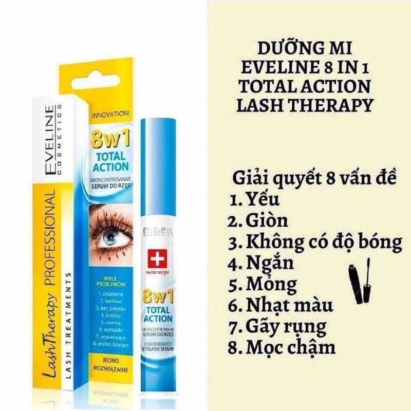 DƯỠNG MI EVELINE 8IN1 TOTAL ACTION LASH THERAPY DƯỠNG MI SIÊU DÀI VÀ DÀY MI