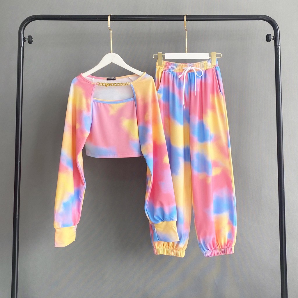 [FULL SET] Set 3 món croptop tay dài đính khoen + croptop 2 dây + quần jogger loang màu tiedye cryaotic10