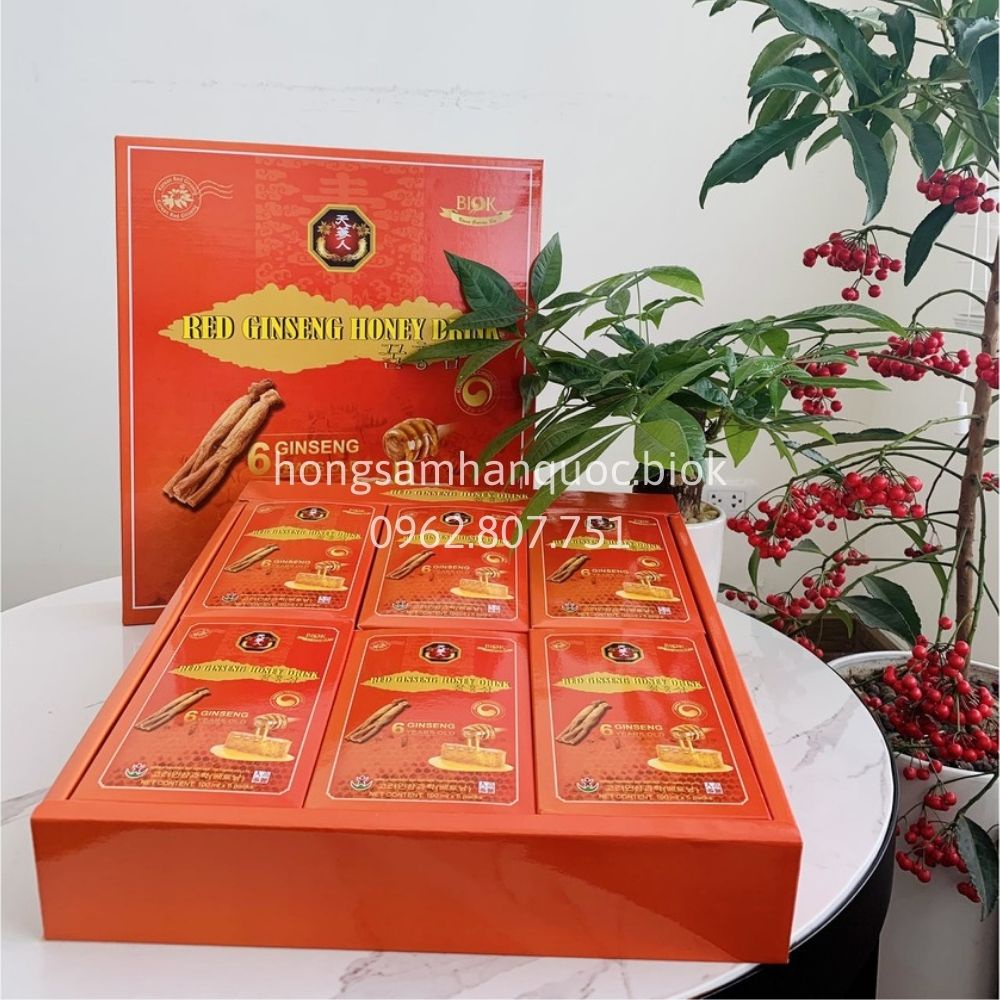 Nước uống hồng sâm mật ong Hàn Quốc chính hãng Biok hộp to 30 gói *100ml, Tinh chất hồng sâm 6 năm tuổi, Chiết xuất sâm