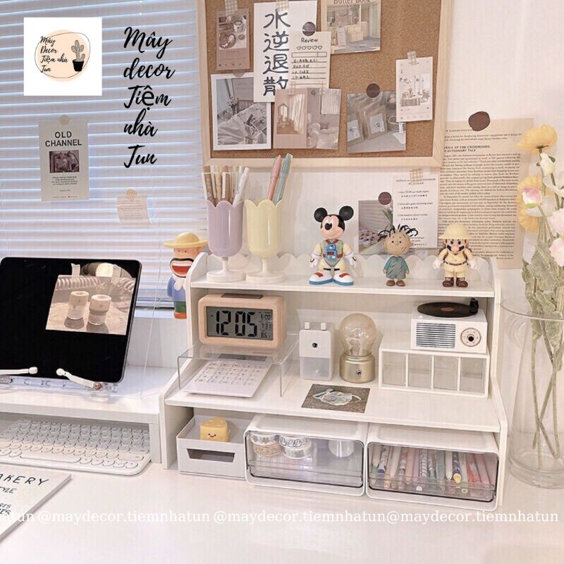 Kệ gỗ mini để bàn lưu trữ trưng bày tiện lợi, màu trắng trang nhã phong cách Hàn Quốc