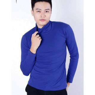Áo thun cổ lọ tay dài nam màu xanh coban