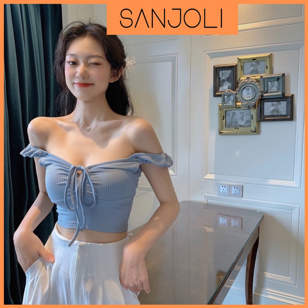 Áo Croptop Ôm SANJOLI Áo Croptop Trễ Vai Thắt Nơ Kiểu 2 Dây Bản To Sexy Bánh Bèo Thiết kế Hở Ngực AO054