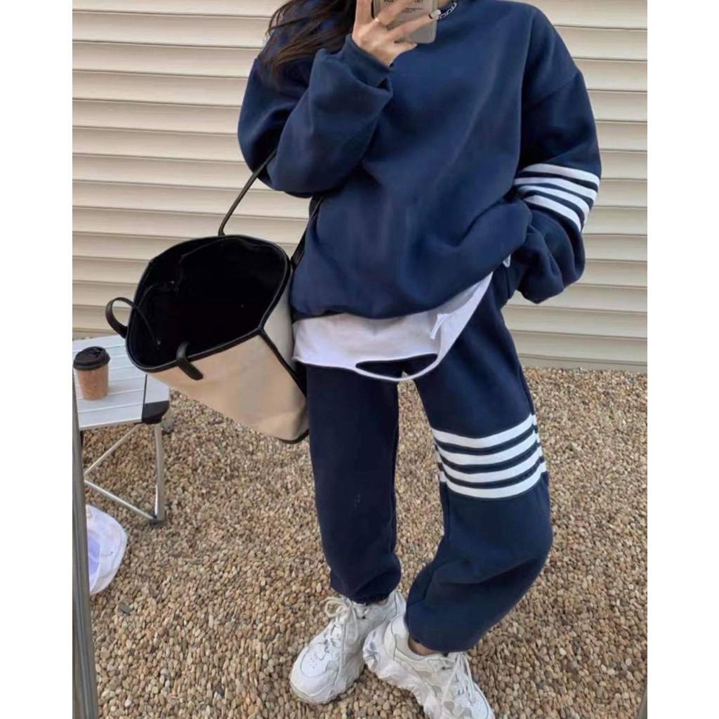 Bộ Nỉ Kẻ Vạch Ngang Nữ [FREESHIP]  Set quần bo gấu kèm áo sweater thể thao kiểu dáng hoodie cá tính Ulzzang