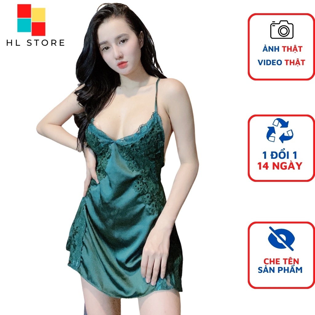 Váy ngủ sexy 2 dây phối hoa ngực và eo Hải Lan Store, vải lụa satin, kèm quần đùi, freesize 40-65kg tùy chiều cao