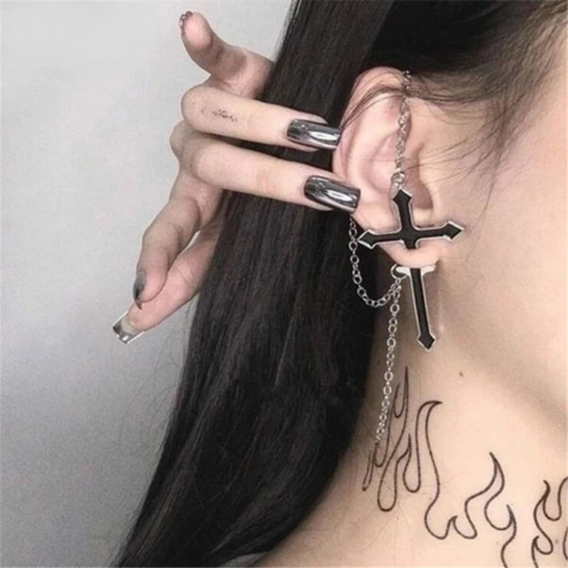 Đôi bông tai dây thánh giá dài màu đen phong cách Punk cổ điển thời trang cho nữ