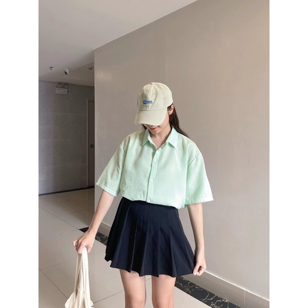 Áo sơ mi cộc tay kẻ sọc chất xốp form rộng oversize l