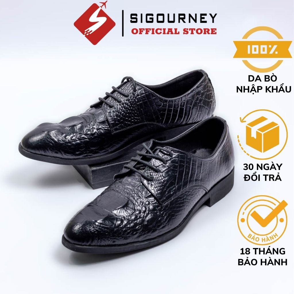 Giày da nam dập vân cá sấu từ da bò cao cấp SIGOURNEY SIG-09 màu đen