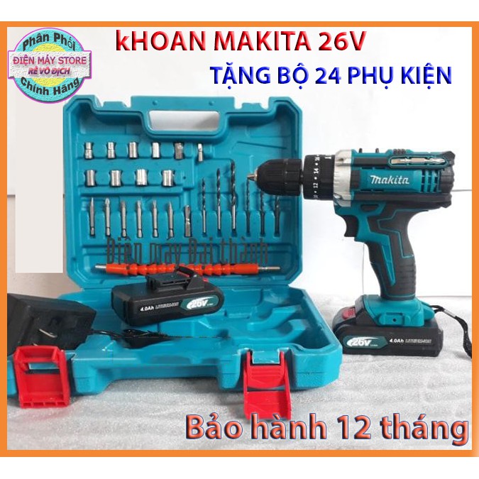 Máy khoan makita 26v có búa 3 chức năng , khoan tường bắn tôn...tặng 24 phụ kiện