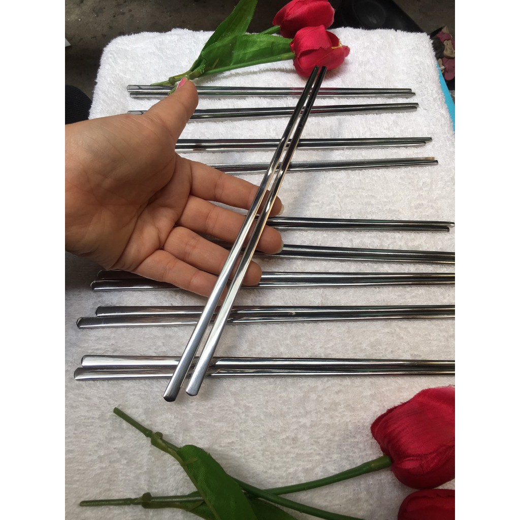 Combo 10 đôi đũa inox đầu dẹp đặc ruột không hoa văn
