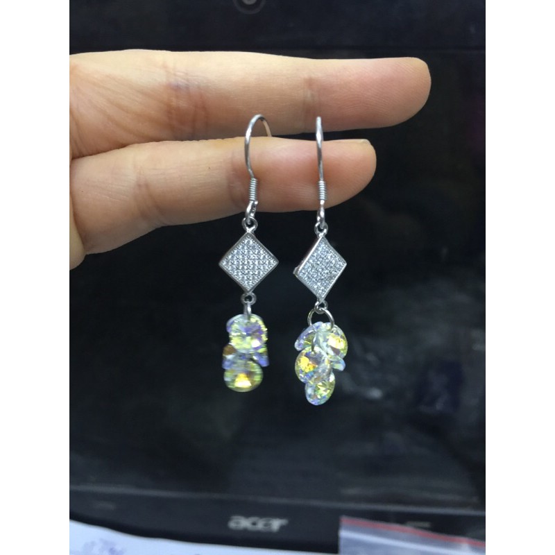 Khuyên tai treo hình rô kết đá nhân tạo siêu sáng dự tiệc bạc ta cao cấp