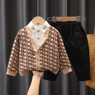 Set áo sơ mi tay dài + áo khoác + quần dài thời trang cho bé trai