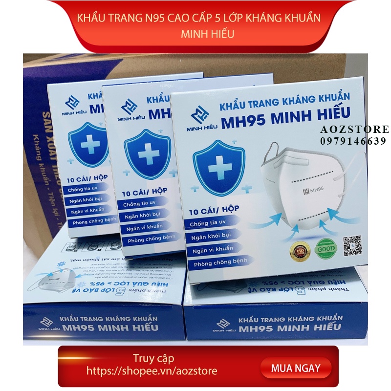 Khẩu trang N95 không van Hộp 10 cái Minh Hiếu 5 lớp kháng khuẩn chính hãng