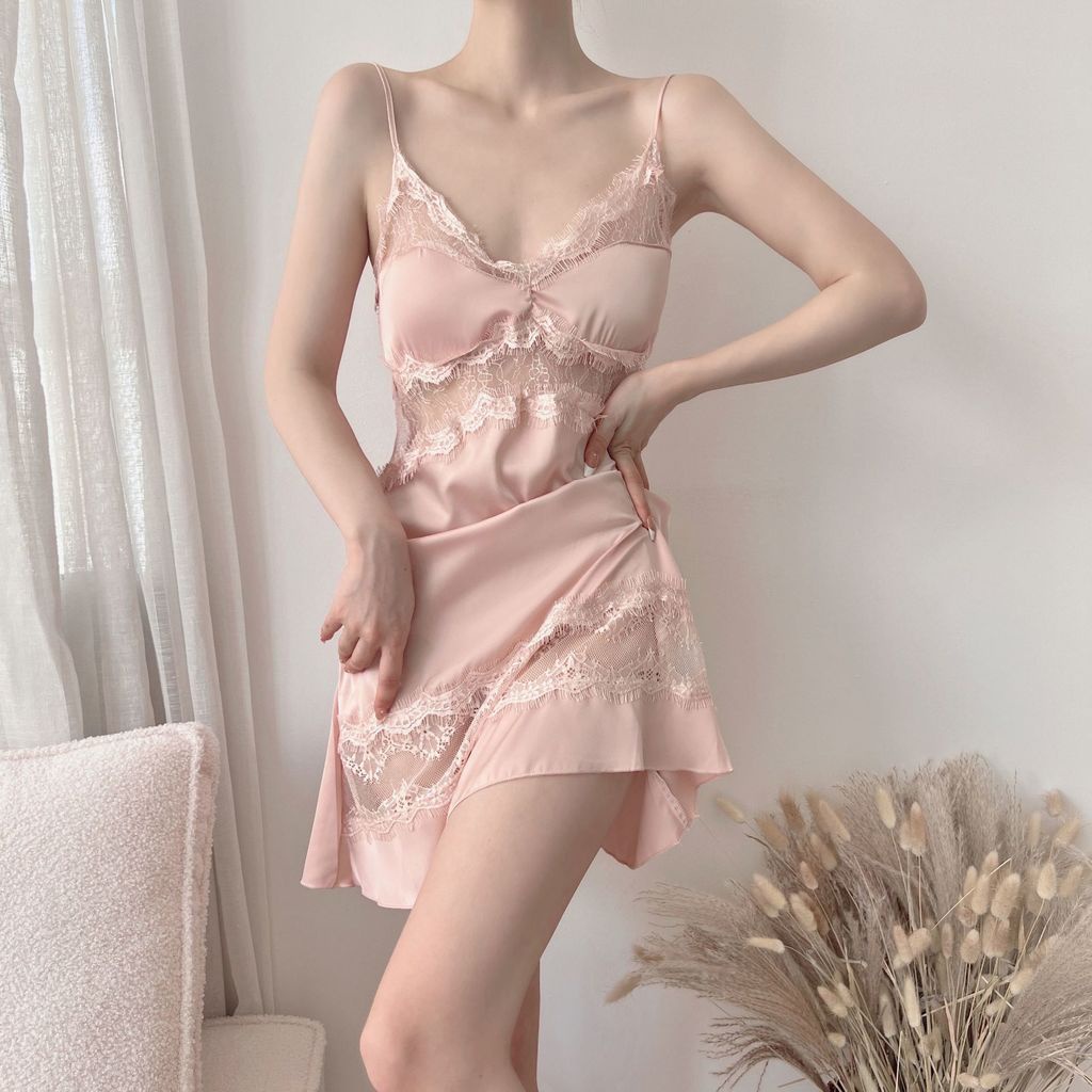 Đầm Ngủ Hai Dây Bằng Vải Lụa Mát Phối Ren Thời Trang Mùa Hè Hàn Quốc Gợi Cảm Dành Cho Bạn Nữ
