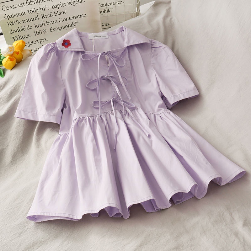 Áo Sơ Mi Ngắn Tay Dáng Rộng Cổ Búp Bê Thêu Họa Tiết Xinh Xắn Dành Cho Nữ