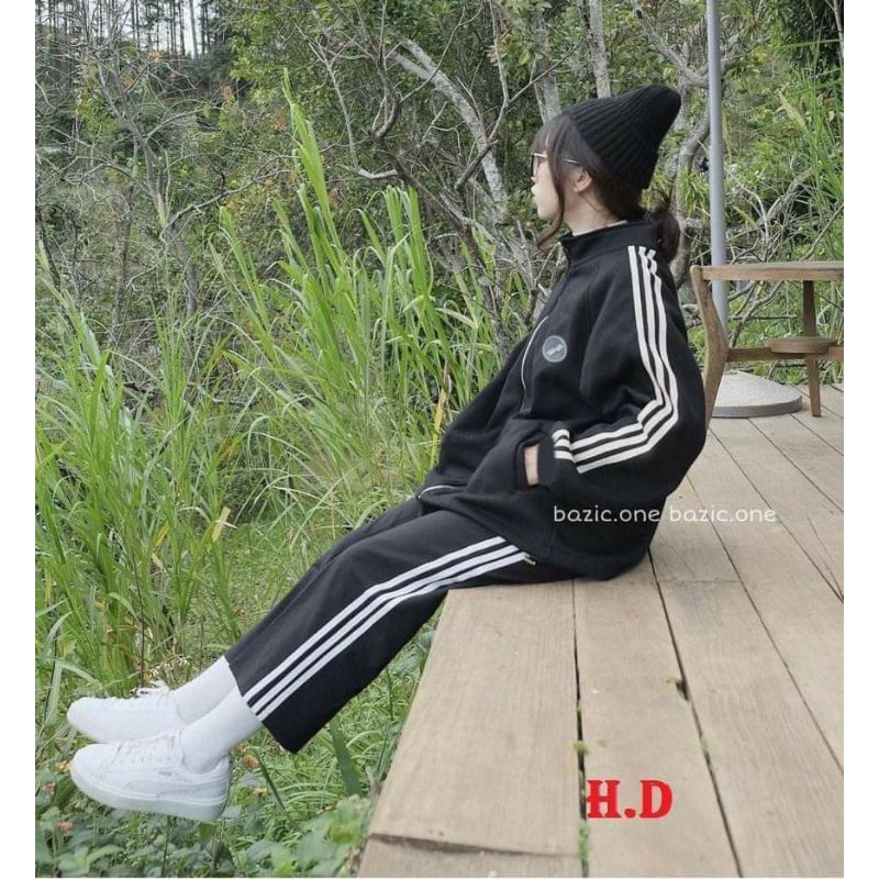 bộ nỉ nam nữ áo khoác 3 sọc logo tròn mix quần 3 sọc đen ống rộng unisex freesize