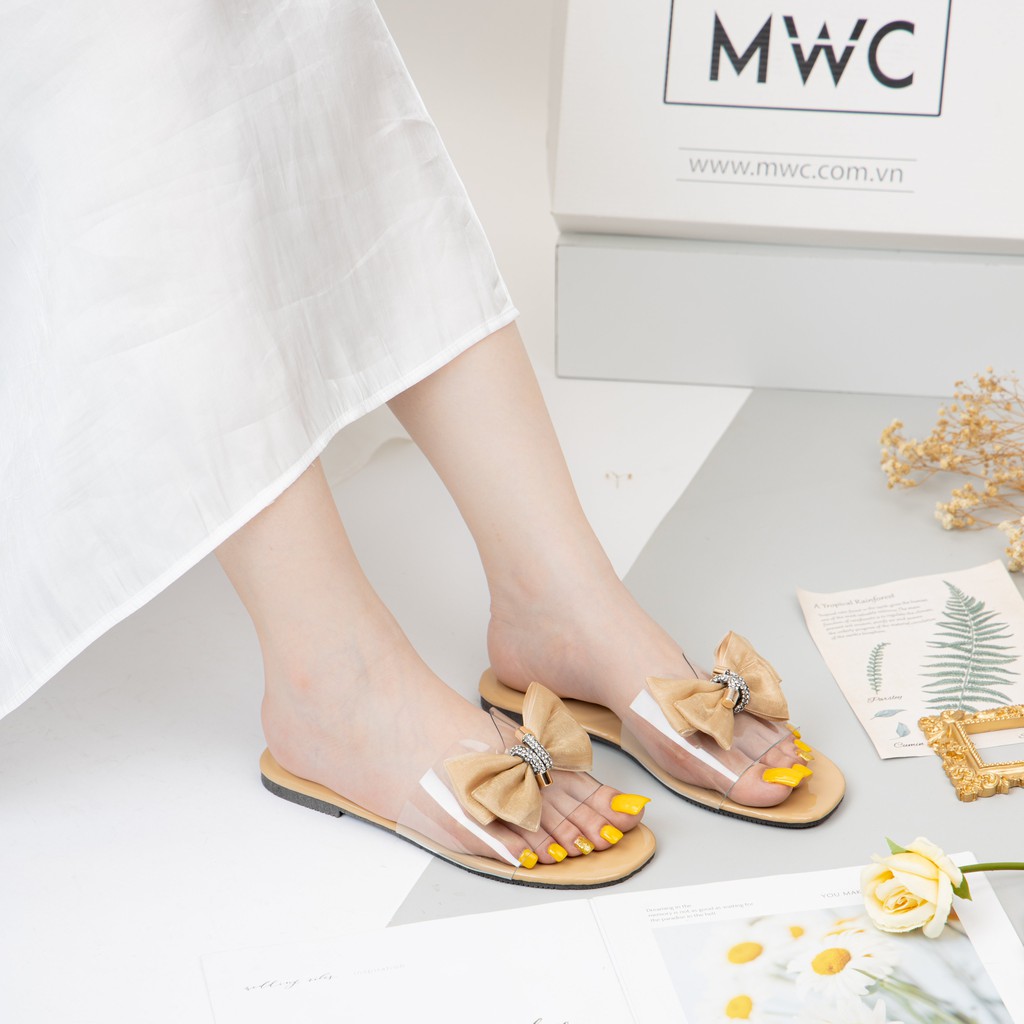 Dép Nữ MWC Đế Bệt Quai Trong Đính Nơ To NUDE - 3410