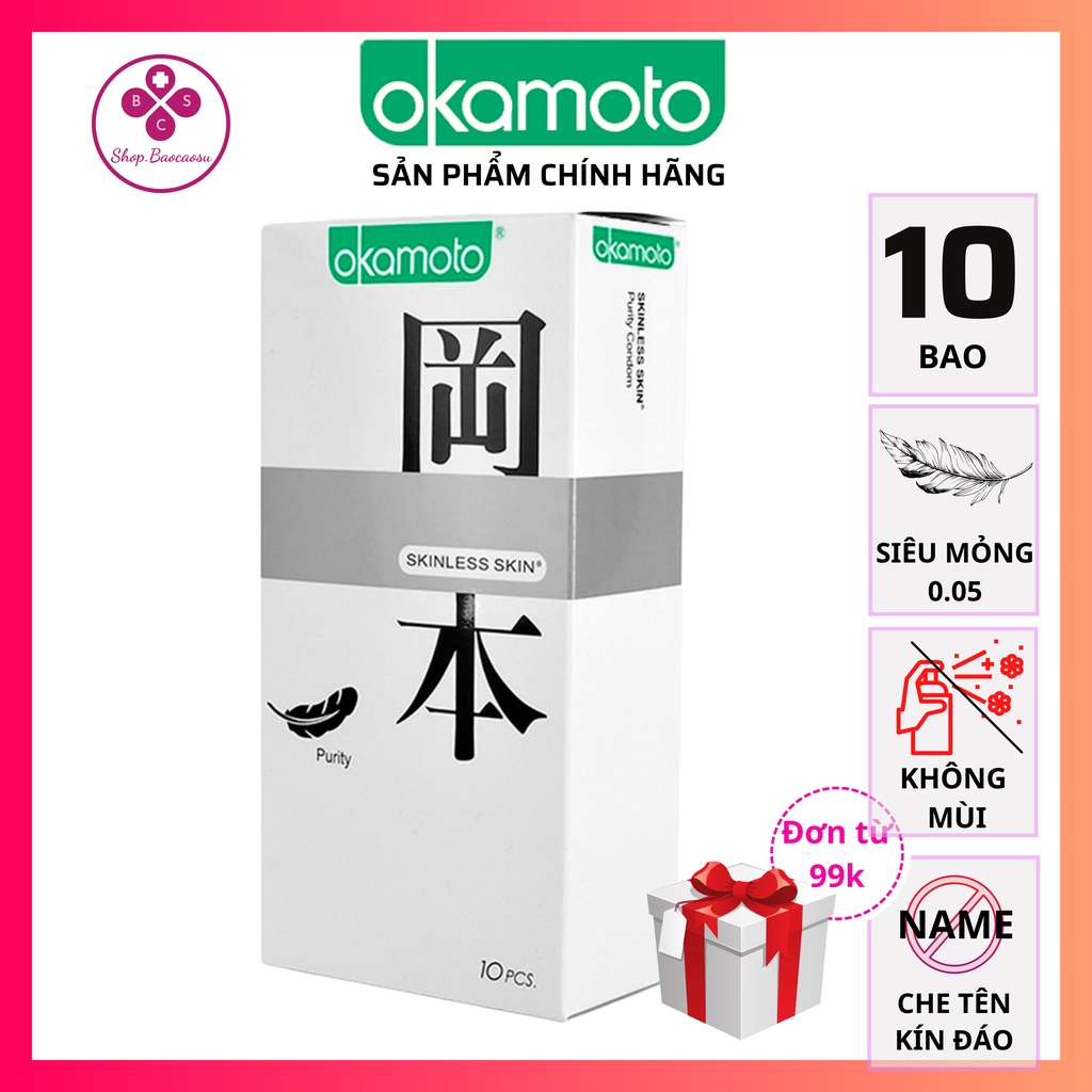 Bao cao su siêu mỏng okamoto skinless skin purity hộp 10 chiếc trắng trong suốt nhật bản