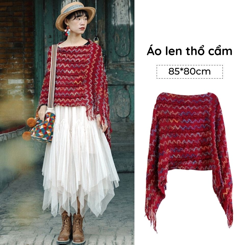 Áo khoác len thổ cẩm boho chui đầu cho nữ mùa thu đông có tua rua - Mã AC022 The Collar Box