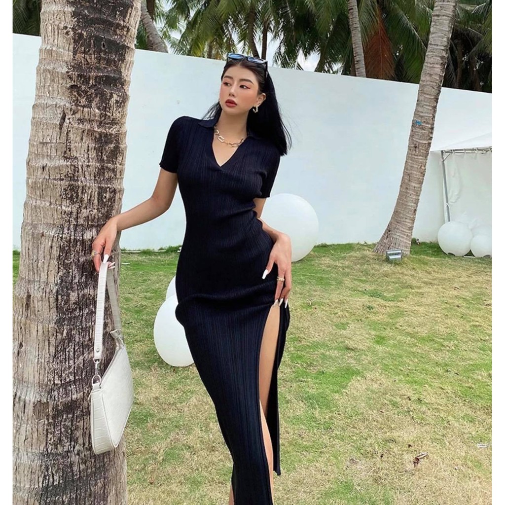 [Mã SKAMA06 giảm 8% tối đa 50K đơn 250K] Đầm đen midi cổ bẻ xẻ tà | BigBuy360 - bigbuy360.vn