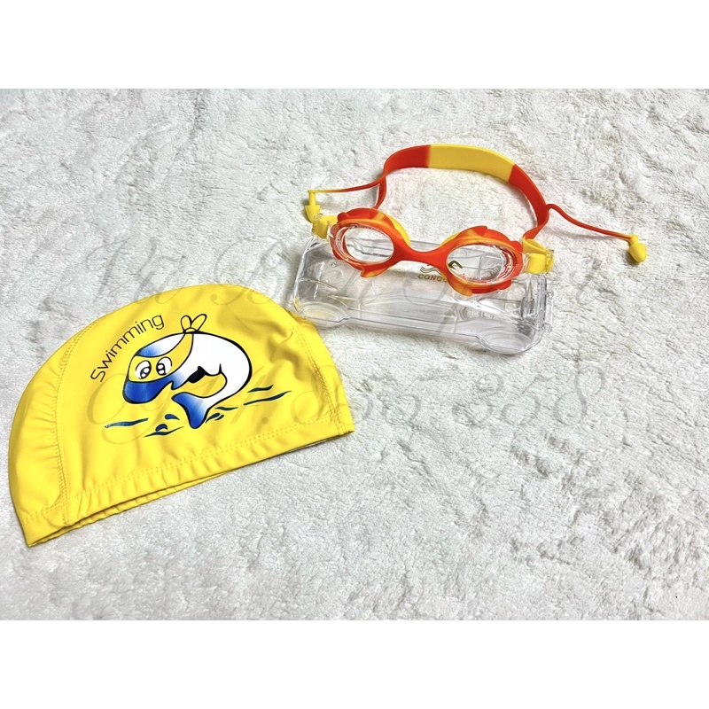 Combo 1 Nón Bơi Vải chống nước + Kính Bơi Conquest BL15 cho bé + Kèm nhét tai bơi
