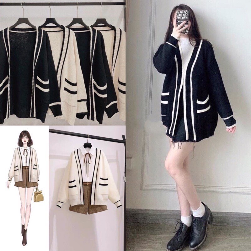 Áo khoác cardigan len viền kẻ đen trắng dáng rộng có cúc phong cách ulzzang - Mono Boutique