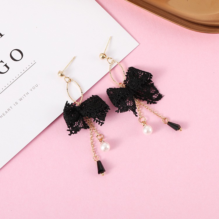 Khuyên tai ren nơ ngọc bông tai trang sức phụ kiện nữ phong cách Hàn Quốc thiết kế sáng tạo đẹp thời trang