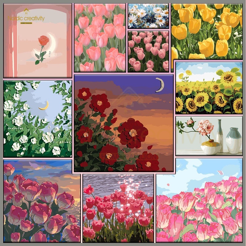 Tranh tô màu theo số / Hoa tulip-Hoa tươi nhỏ chữa bệnh /Gia đình hoạt hình / Tự làm quà tặng độc đáo / Buzz Lightyear / Strawberry Bear/ không có khung -Tranh tô màu theo số hoa