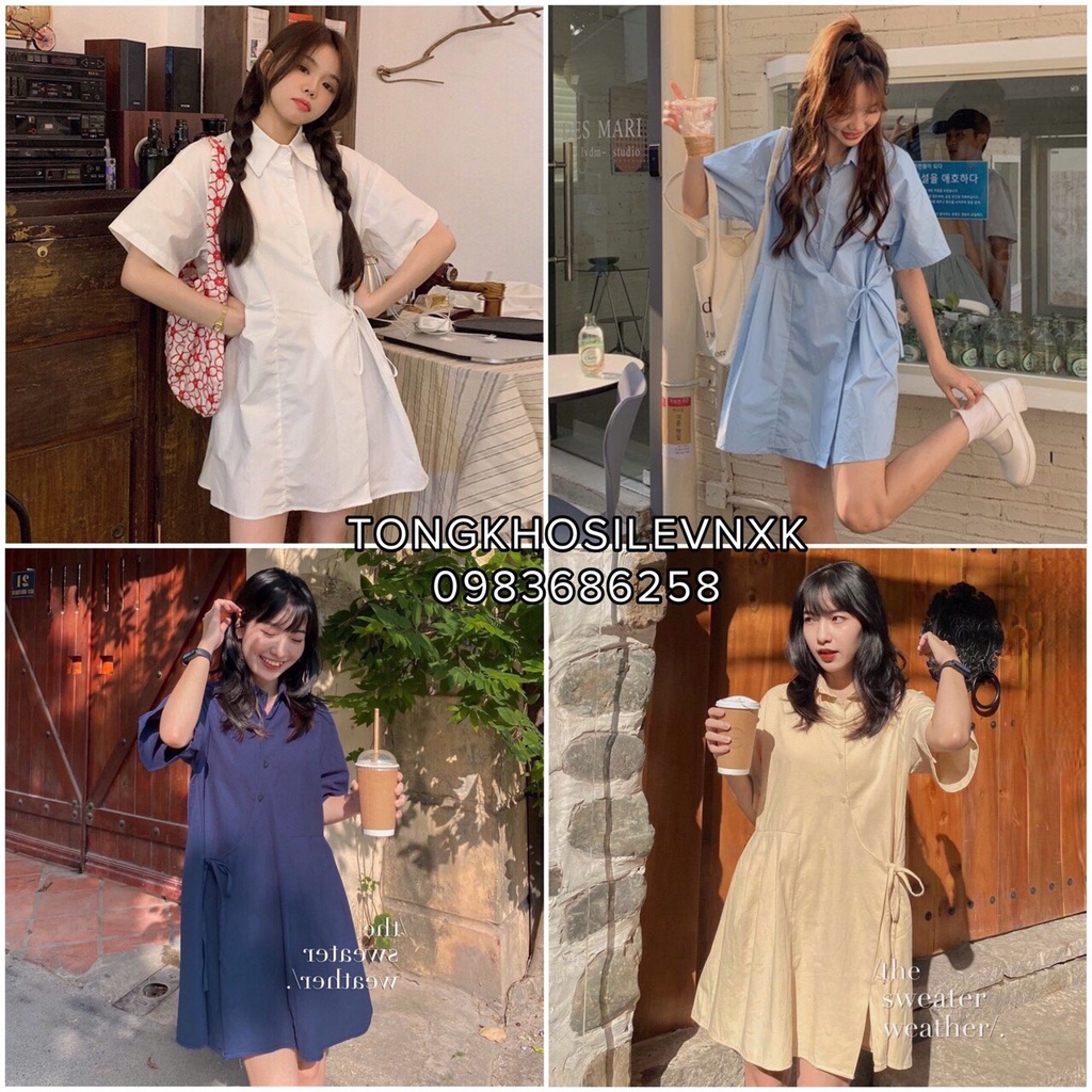 Đầm Sơ Mi Baby Doll Buộc Nơ Eo Be Trắng Xanh - Váy Cài Cúc Cổ Bẻ Thắt Dây Hông 4 Màu