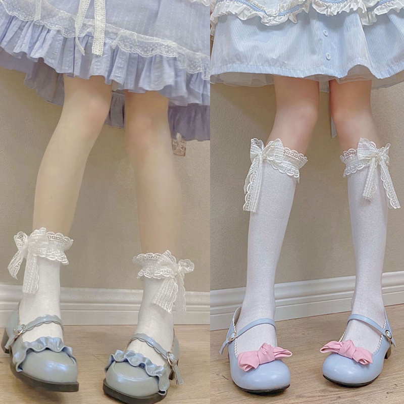Xiangbao Vớ Cao Đến Đầu Gối Phối Ren Ruy Băng Nơ Ruy Băng Ngọt Ngào Hóa Trang Lolita Cho Nữ