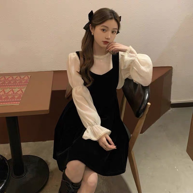 [Mã FAXANH245 giảm 10K đơn 50K] set đầm⚡Bán Lỗ⚡yếm nữ kèm áo sơ mi bèo trắng dài tay bồng tiểu thư babydoll [ S02] | BigBuy360 - bigbuy360.vn