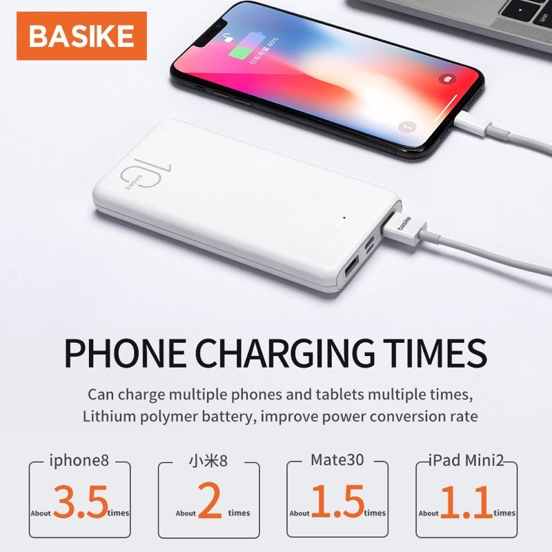 Pin Sạc Dự Phòng Basike Bsk-pt62 Dung Lượng 10000mah Màu Trắng Có Đèn Led Và Cáp Sạc Chất Lượng Cao