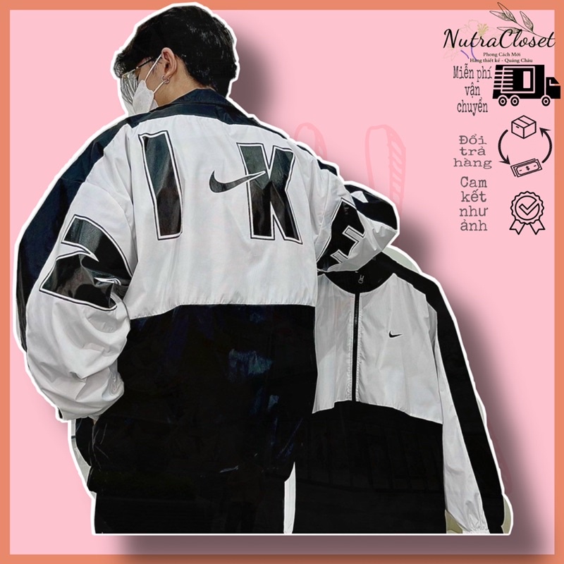 Áo khoác bóng chày có cổ dù 2 lớp phối trắng đen có size nam nữ