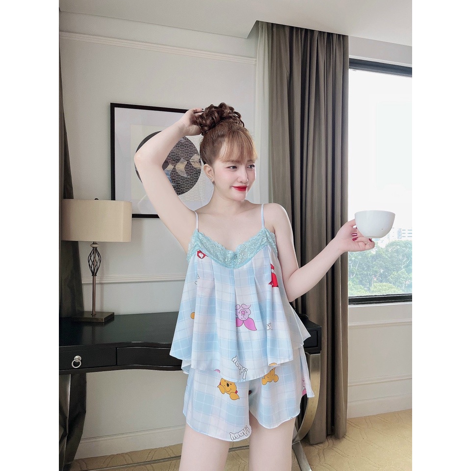 Đồ ngủ sexy nữ  đồ bộ mặc nhà 2 dây quần đùi lụa mango cao cấp mát nhẹ thoái mái