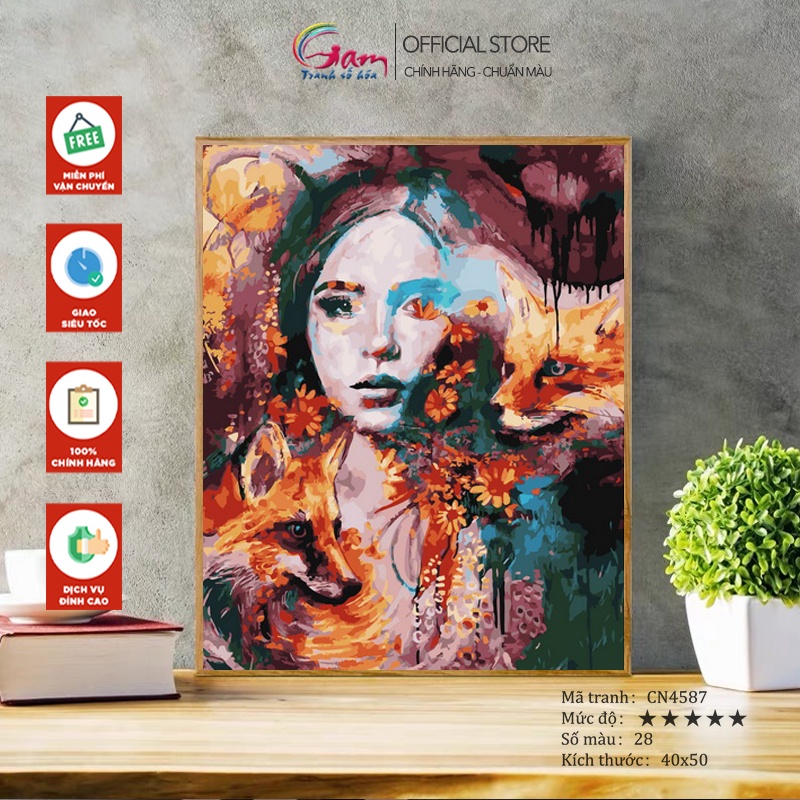 Tranh sơn dầu số hoá cô gái hồ ly GAM bộ màu to kèm 2 bộ cọ đã căng khung 40x50cm CN4587