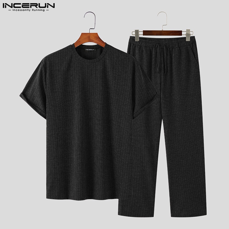Set quần áo INCERUN gồm áo thun ngắn tay + quần dài lưng co giãn thời trang cho nam