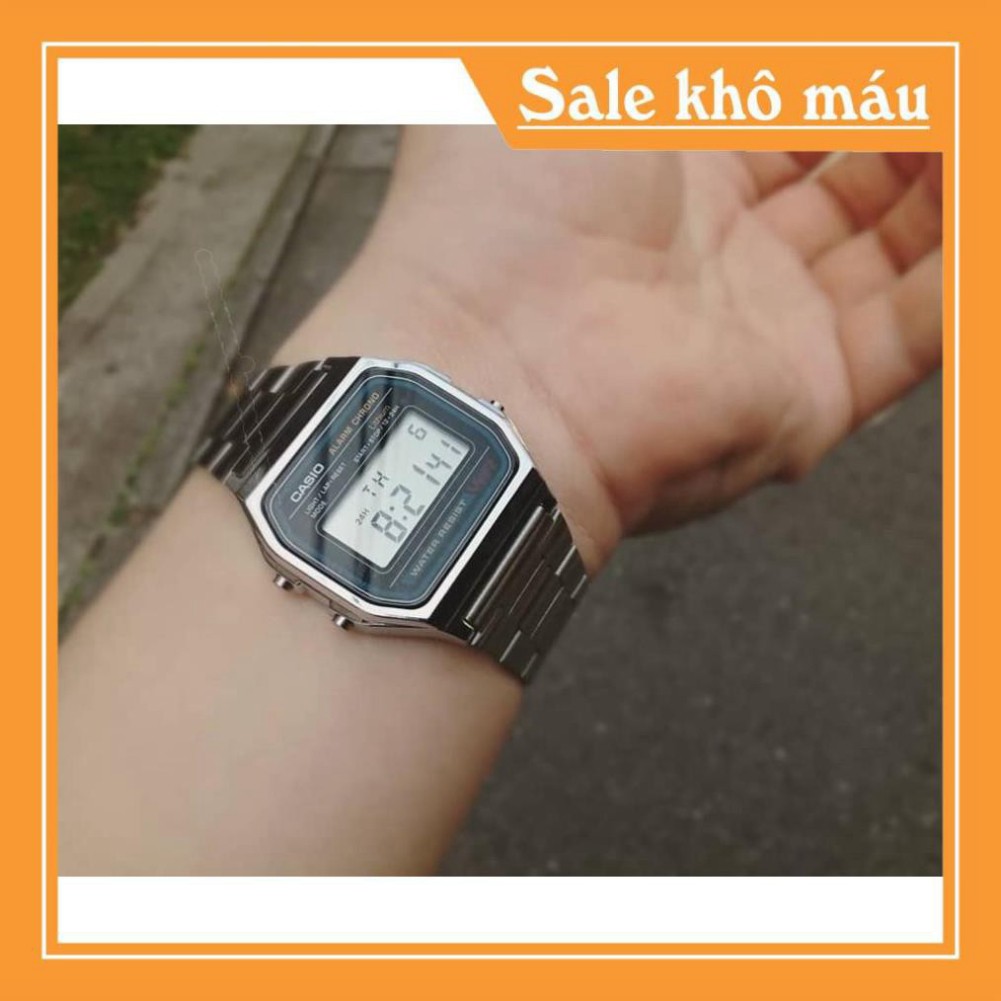 Đồng hồ điện tử Casio A158-A159 nam nữ dây bạc mặt đen