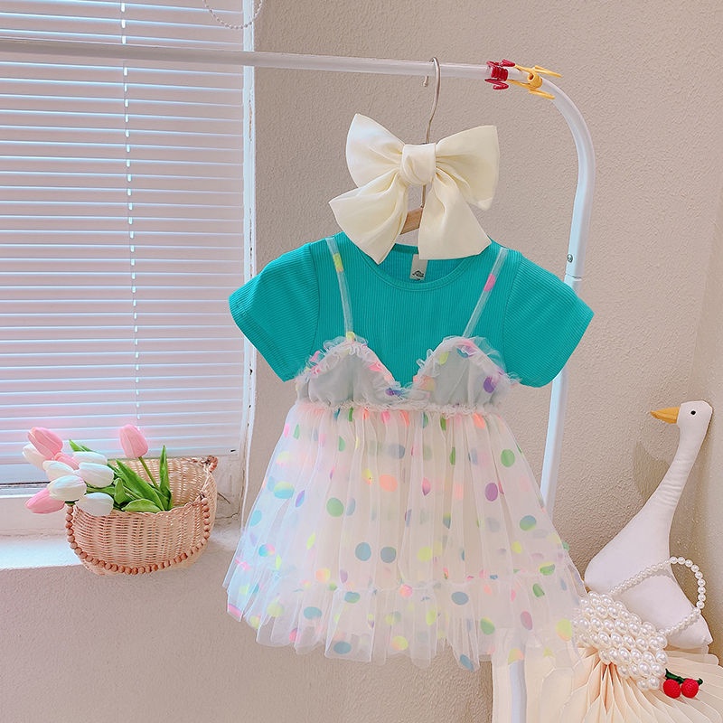 Đầm Công Chúa Giả Hai Lớp Phối Lưới Chấm Bi Thời Trang Mùa Hè Hàn Quốc 2023 Mới Cho Bé