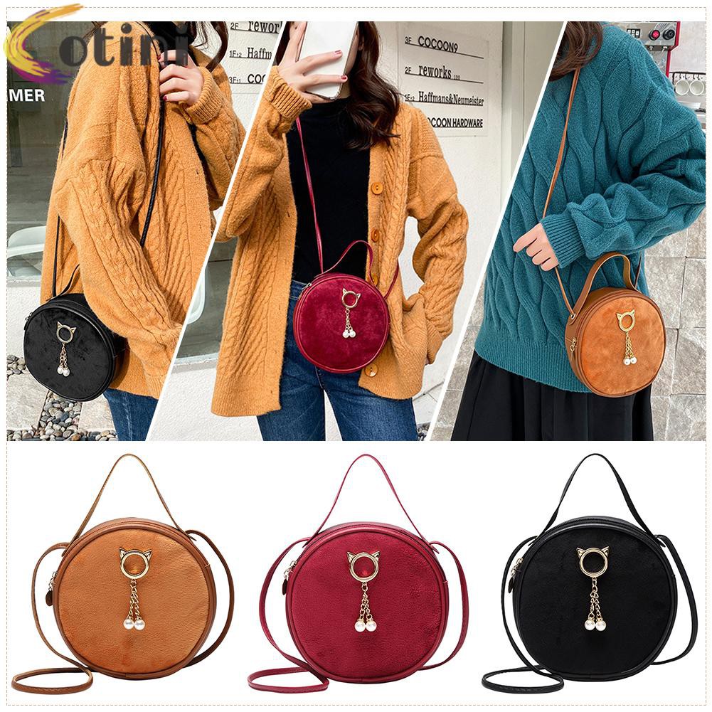 COTINI Casual Round Shaped Messenger Purse Women Street PU Plush Shoulder Bag Tote