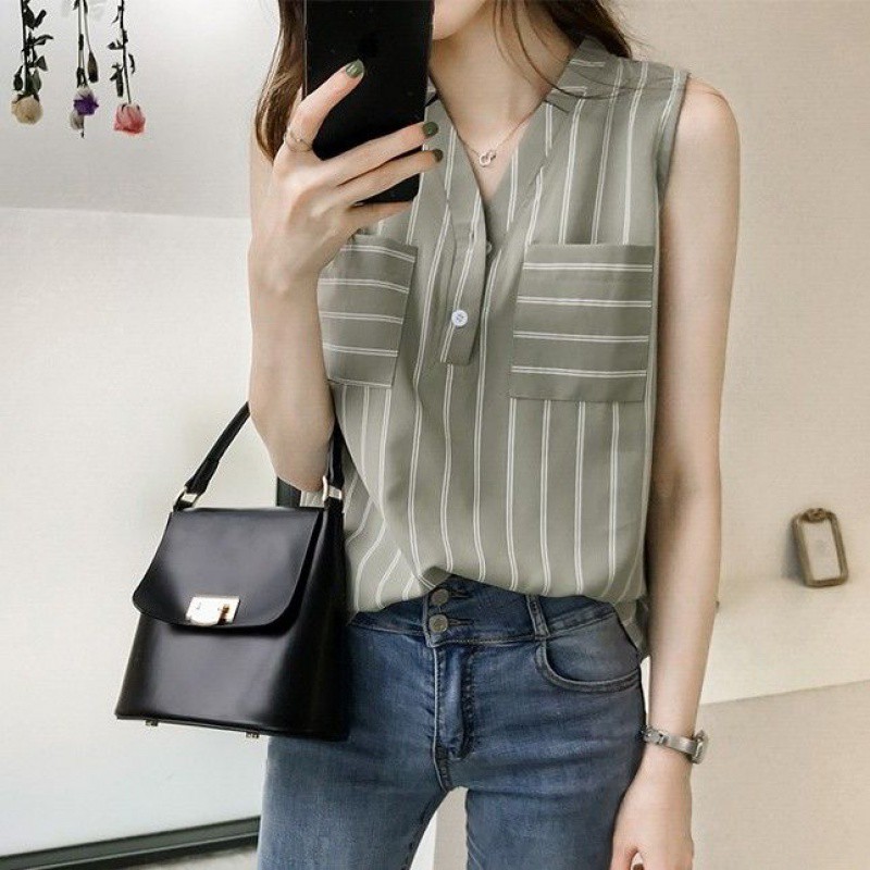 FREESHIP ĐƠN 99K_ Áo Chiffon Sát Nách Cổ Chữ V Hoạ Tiết Kẻ Sọc Cho Phái Nữ