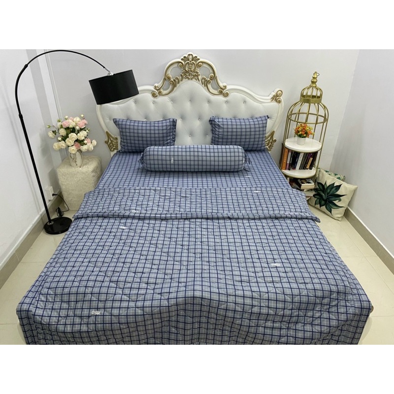 Bộ ga gối thun mẫu caro xám xanh