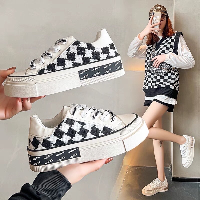 Giày thể thao nữ vải ca rô thời trang đi êm cao cấp