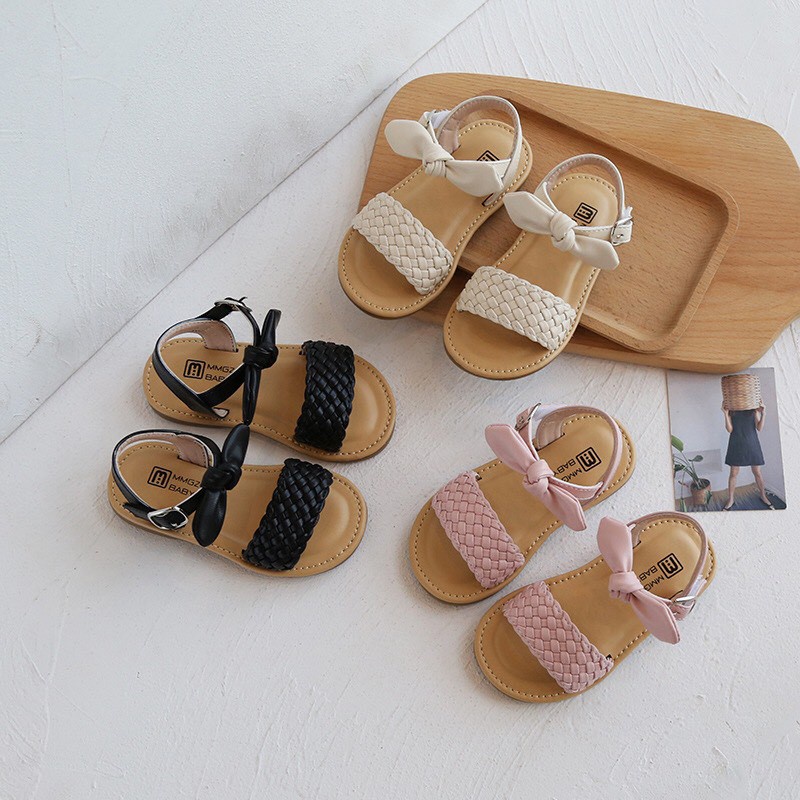 Sandal bé gái - dép quai hậu cho bé gái đan dây thắt nơ da mẫu mới siêu điệu, quai dán chỉnh độ dài Babybees V732