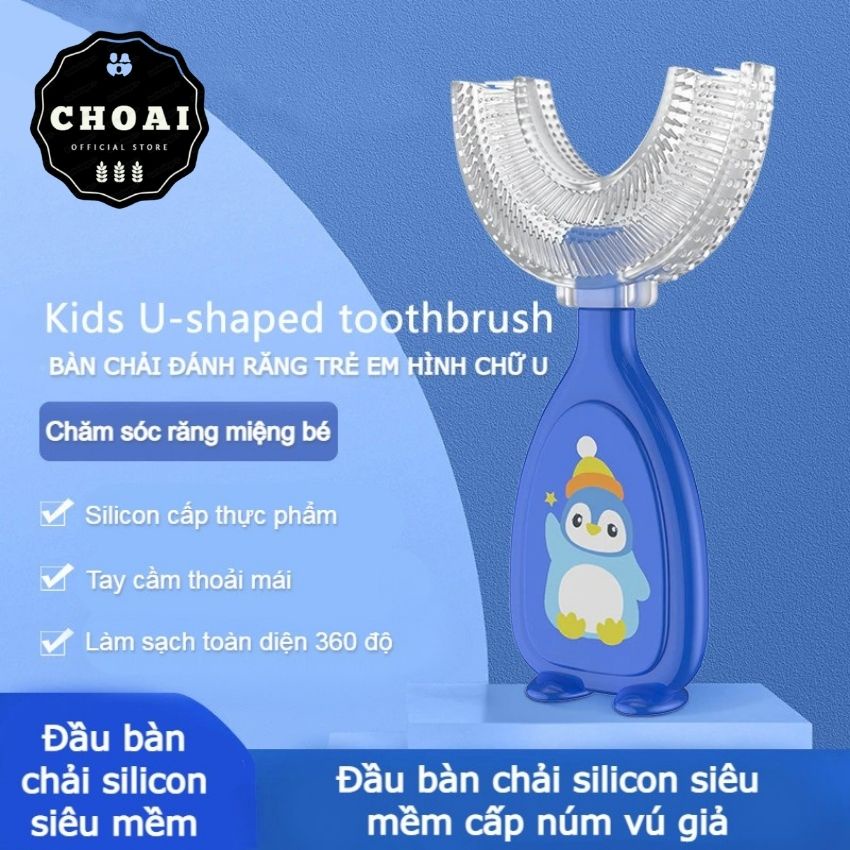 Bàn Chải Đánh Răng Trẻ Em Chữ U Hoạt Hình Chim Cánh Cụt 2-6 tuổi Chất Liệu Silicon Thực Phẩm Siêu Mềm Cao Cấp 360